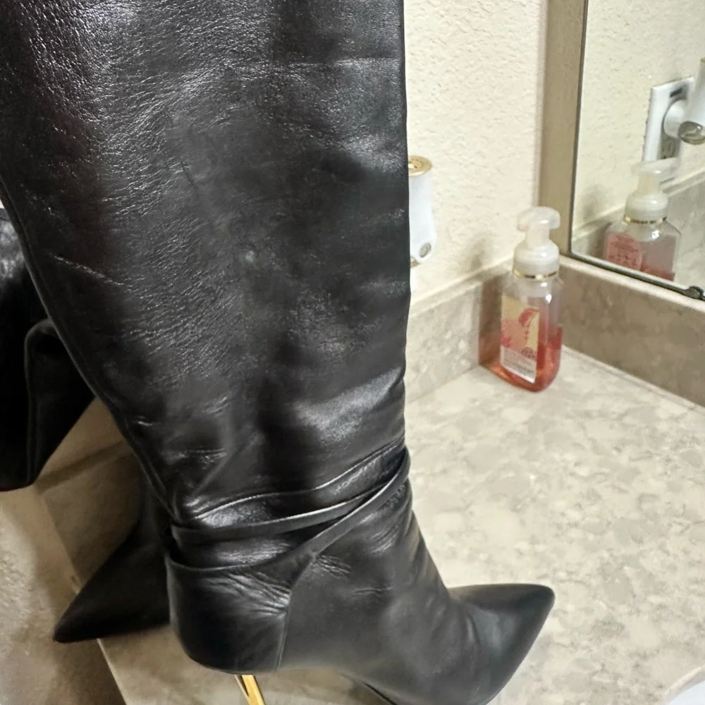 Padlock Pointed Toe Knee High Boot (Women) - Picture 6 of 12